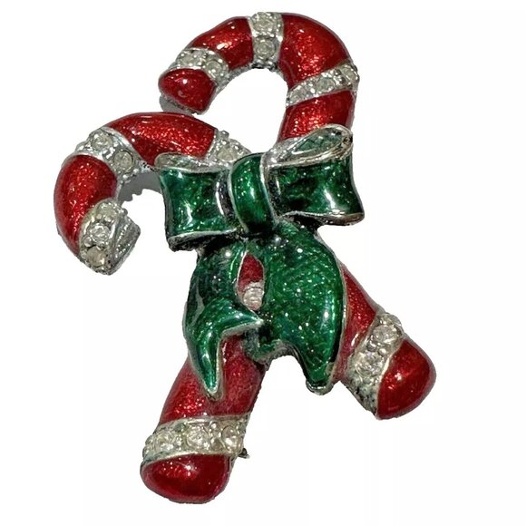 Double Candy Cane Brooch Red with Rhinestone Green Bow 2" x 1" Pre-owned Vintage - Picture 1 of 4